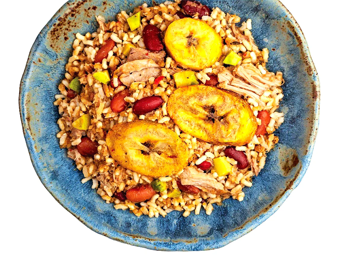 Citrus Pulled Pork with Rice, Beans, Plantains & Avocado