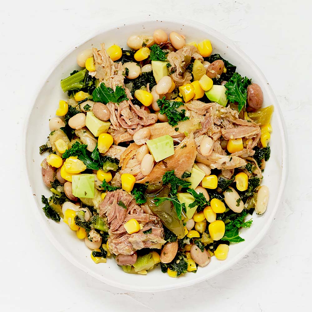 Pulled Pork Chile Verde with Beans, Rice, Kale & Avocado