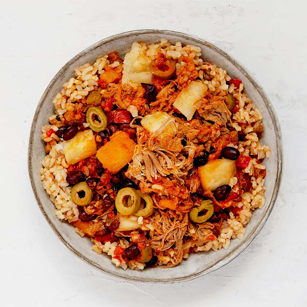 Pulled Pork with Brown Rice, Bell Peppers, Potatoes & Olives